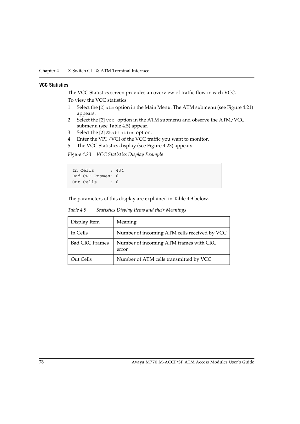 Vcc statistics, Figure 4.23 vcc statistics display example, Table 4.9 | Statistics display items and their meanings | Avaya M-ACCF/SF User Manual | Page 94 / 114