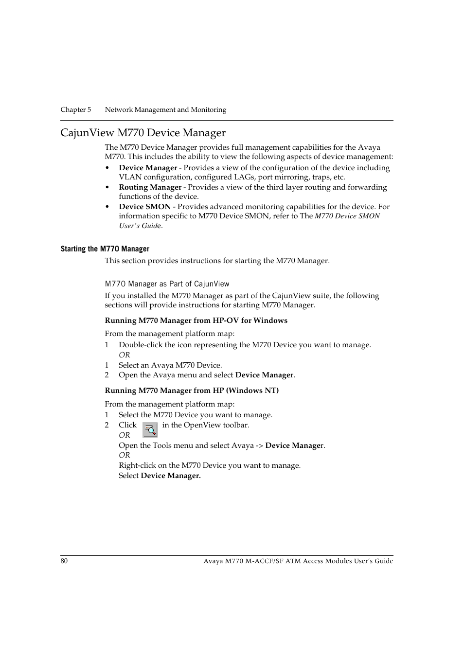 Cajunview m770 device manager, Starting the m770 manager, M770 manager as part of cajunview | Avaya M-ACCF/SF User Manual | Page 96 / 114