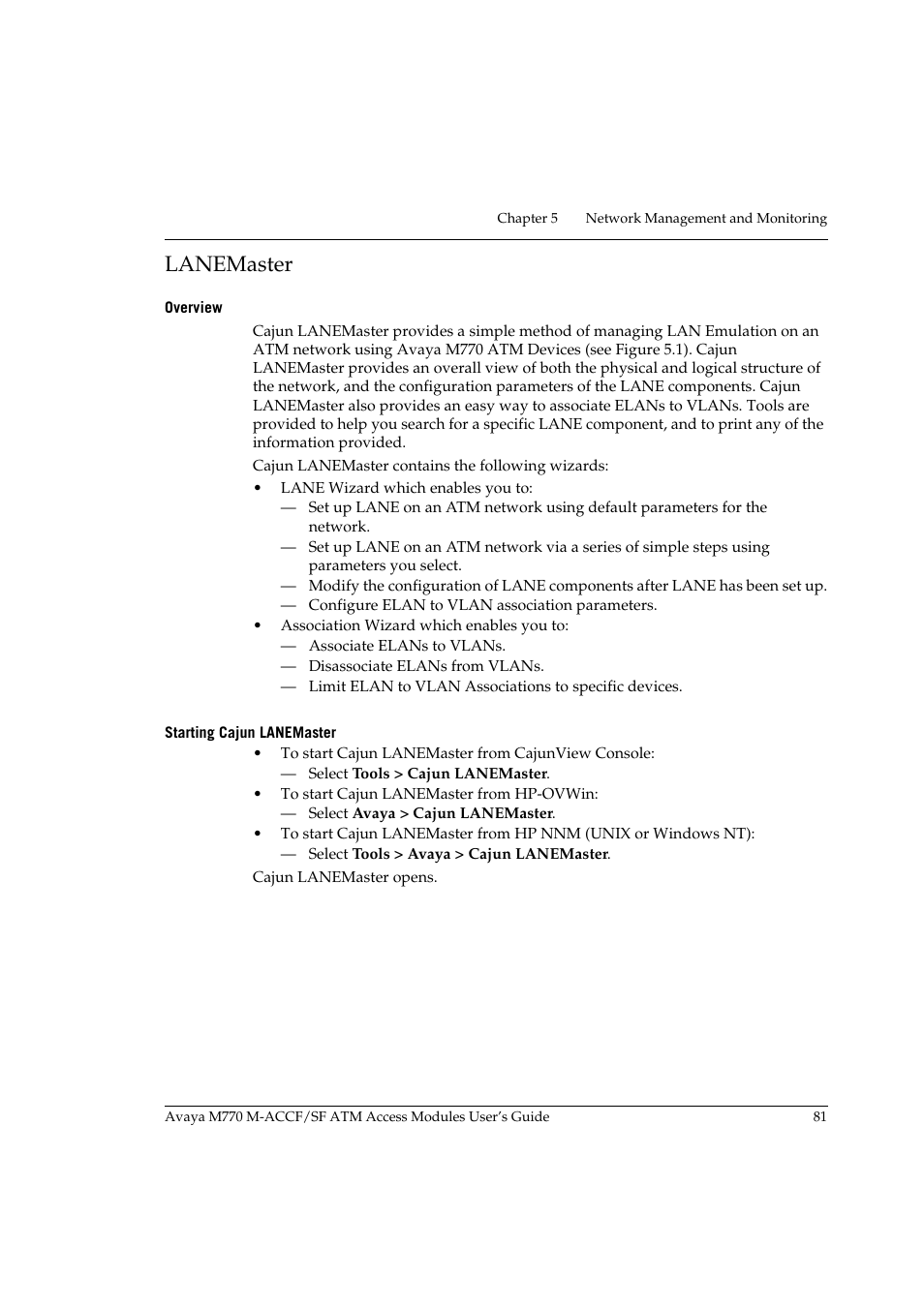 Lanemaster, Overview, Starting cajun lanemaster | Overview starting cajun lanemaster | Avaya M-ACCF/SF User Manual | Page 97 / 114