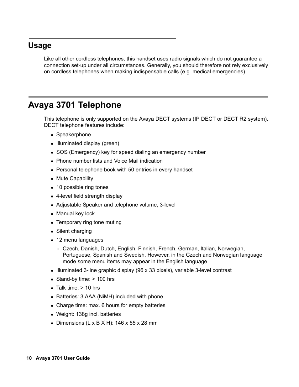 Usage, Avaya 3701 telephone | Avaya 3701 User Manual | Page 10 / 46