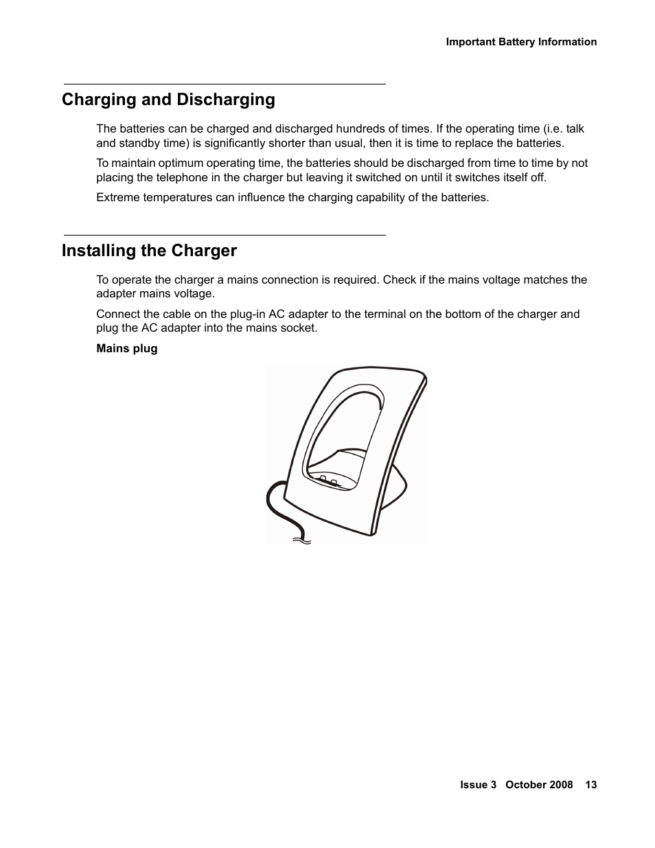 Charging and discharging, Installing the charger | Avaya 3701 User Manual | Page 13 / 46