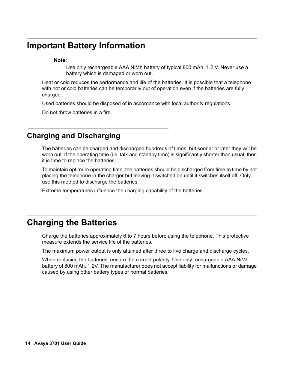 Important battery information, Charging and discharging, Charging the batteries | Avaya 3701 User Manual | Page 14 / 46