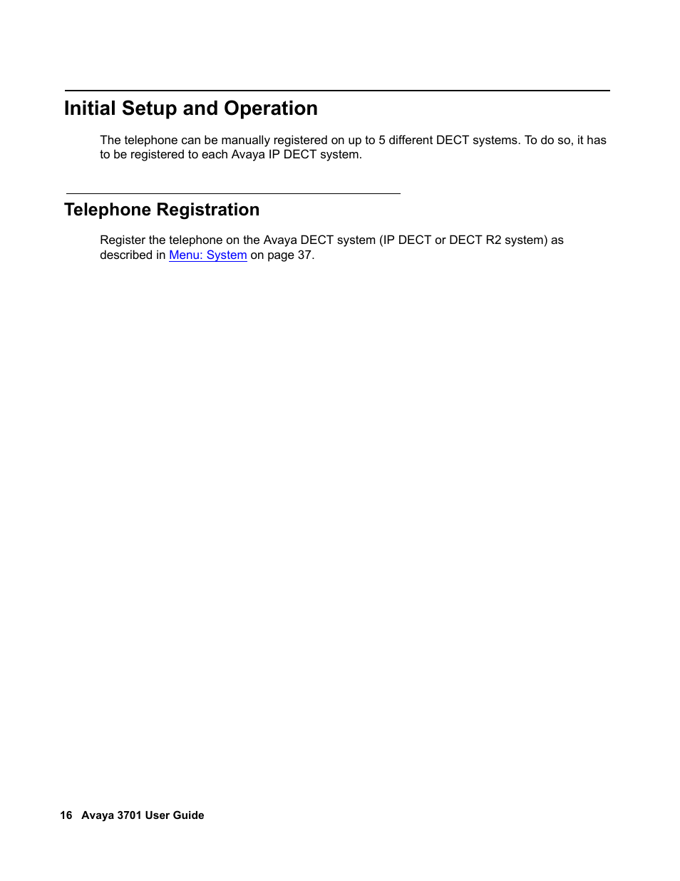 Initial setup and operation, Telephone registration | Avaya 3701 User Manual | Page 16 / 46