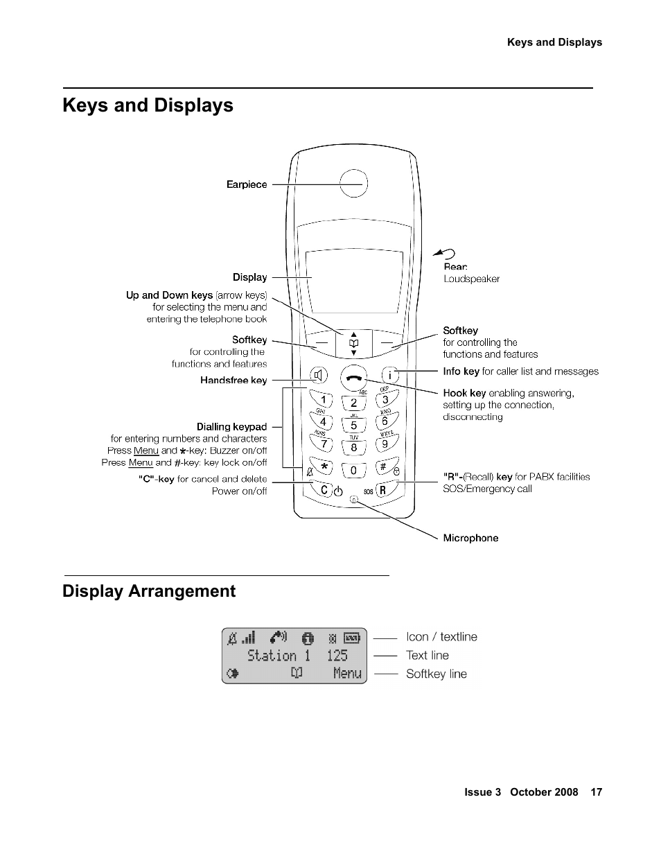 Keys and displays, Display arrangement | Avaya 3701 User Manual | Page 17 / 46