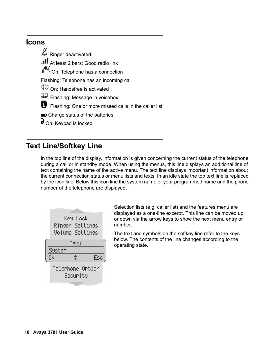 Icons, Text line/softkey line | Avaya 3701 User Manual | Page 18 / 46