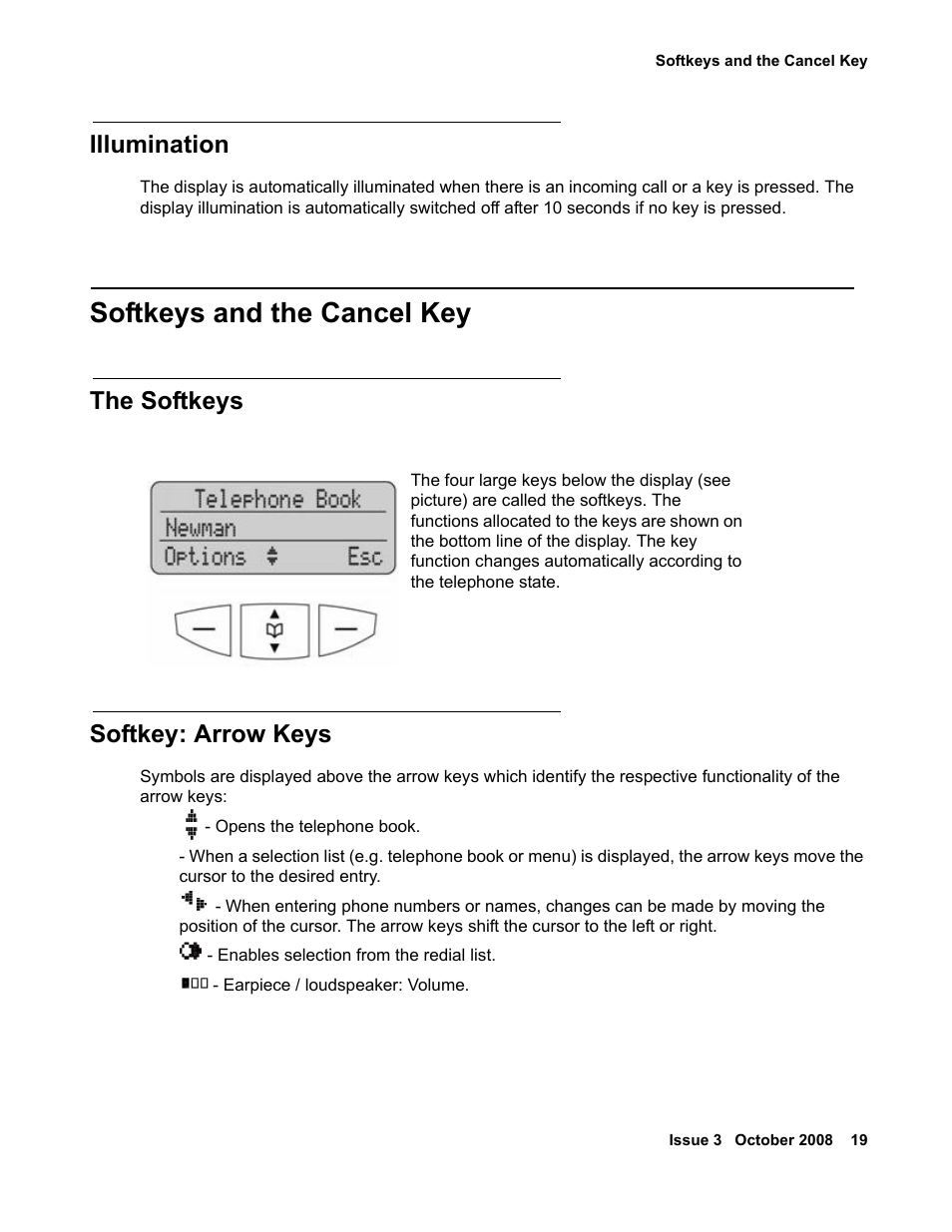 Illumination, Softkeys and the cancel key, The softkeys | Softkey: arrow keys, The softkeys softkey: arrow keys | Avaya 3701 User Manual | Page 19 / 46