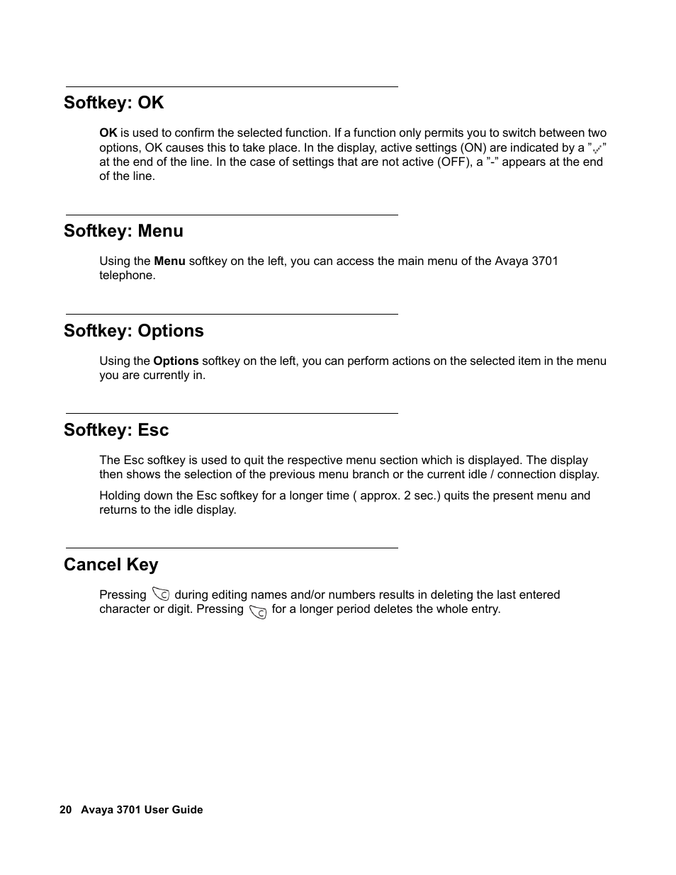 Softkey: ok, Softkey: menu, Softkey: options | Softkey: esc, Cancel key | Avaya 3701 User Manual | Page 20 / 46