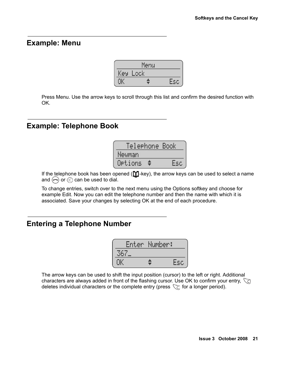 Example: menu, Example: telephone book, Entering a telephone number | Avaya 3701 User Manual | Page 21 / 46