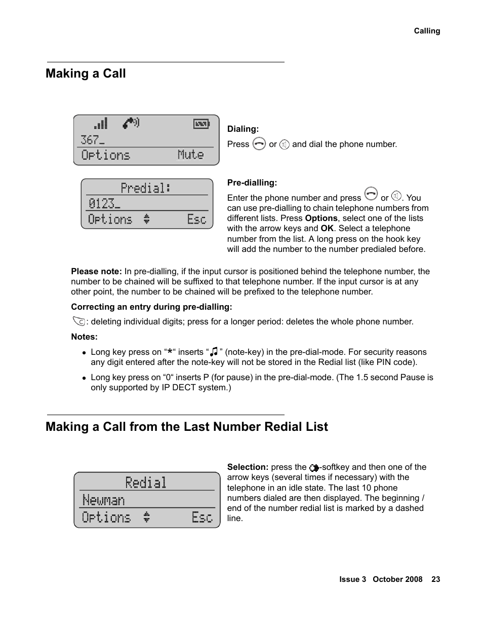 Making a call, Making a call from the last number redial list | Avaya 3701 User Manual | Page 23 / 46