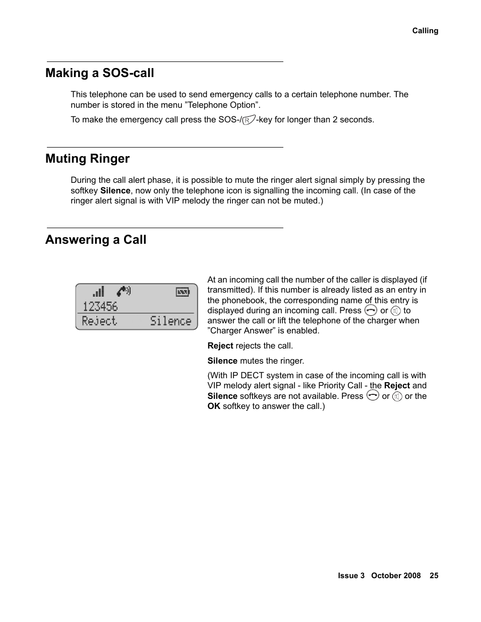 Making a sos-call, Muting ringer, Answering a call | Avaya 3701 User Manual | Page 25 / 46