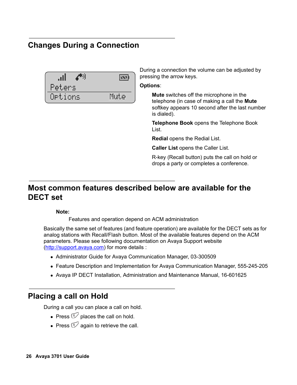 Changes during a connection, Placing a call on hold | Avaya 3701 User Manual | Page 26 / 46