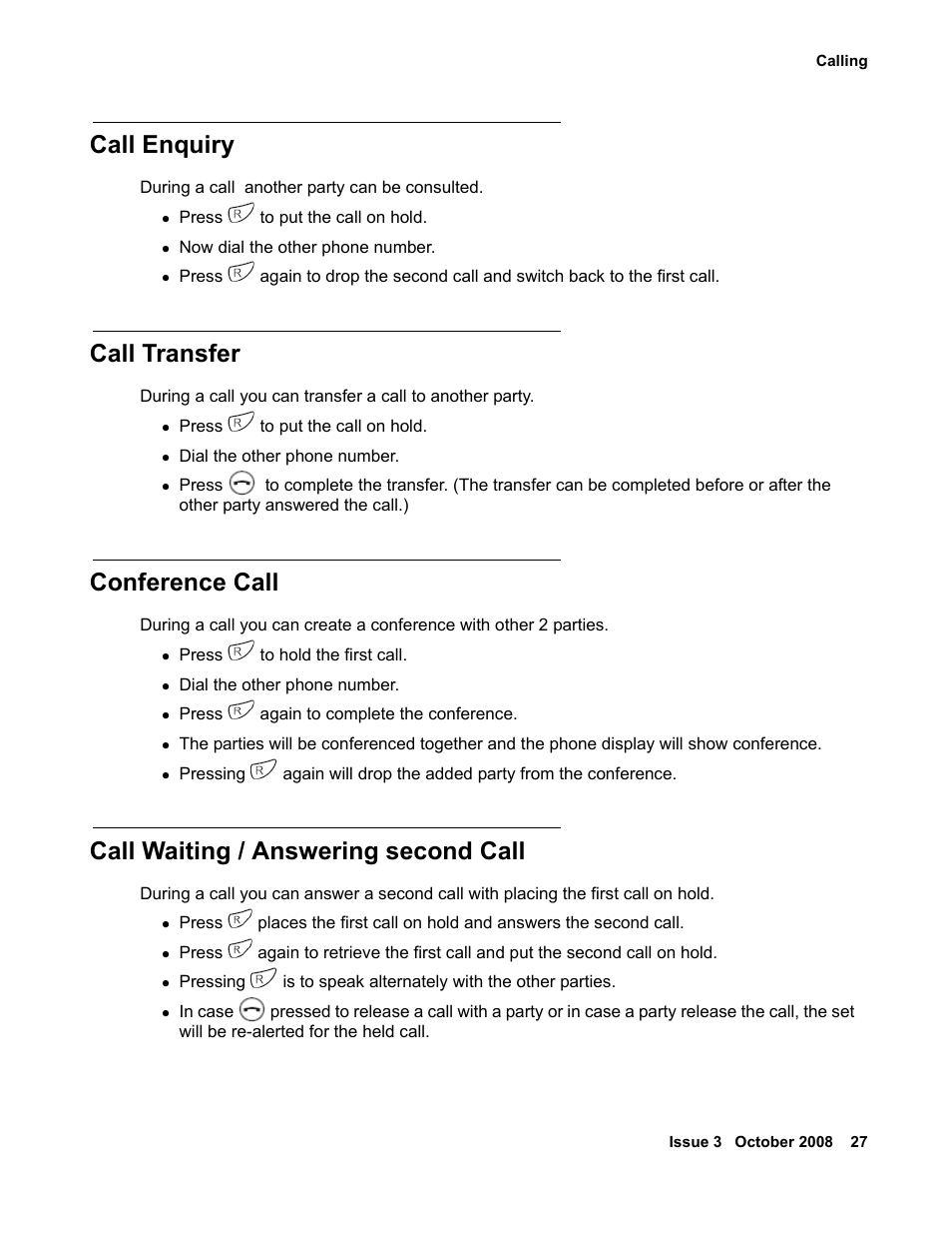 Call enquiry, Call transfer, Conference call | Call waiting / answering second call | Avaya 3701 User Manual | Page 27 / 46