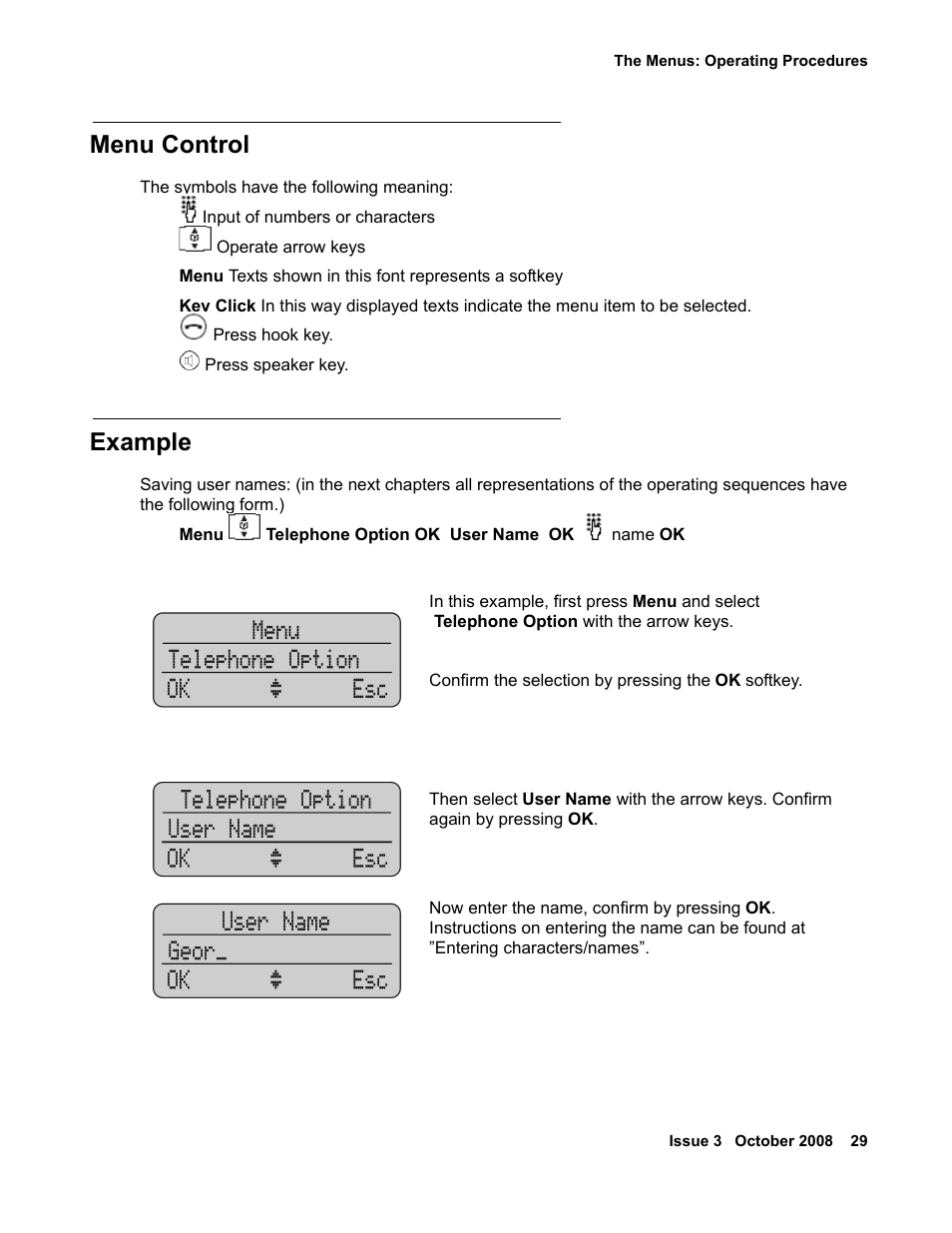 Menu control, Example | Avaya 3701 User Manual | Page 29 / 46