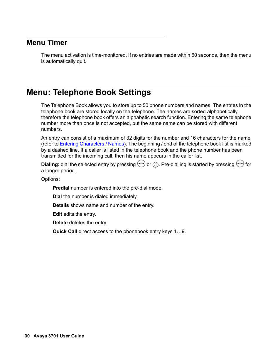 Menu timer, Menu: telephone book settings | Avaya 3701 User Manual | Page 30 / 46
