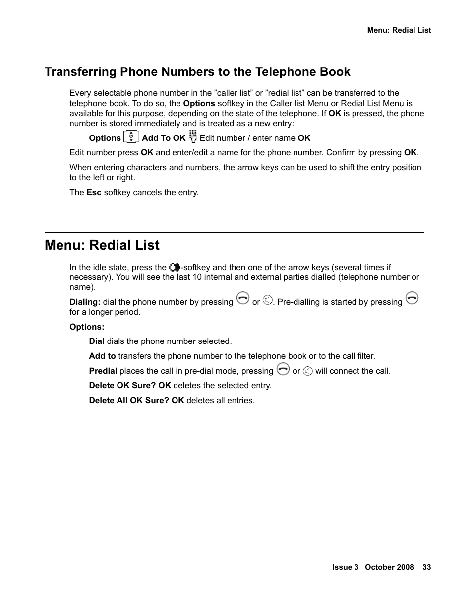 Transferring phone numbers to the telephone book, Menu: redial list | Avaya 3701 User Manual | Page 33 / 46