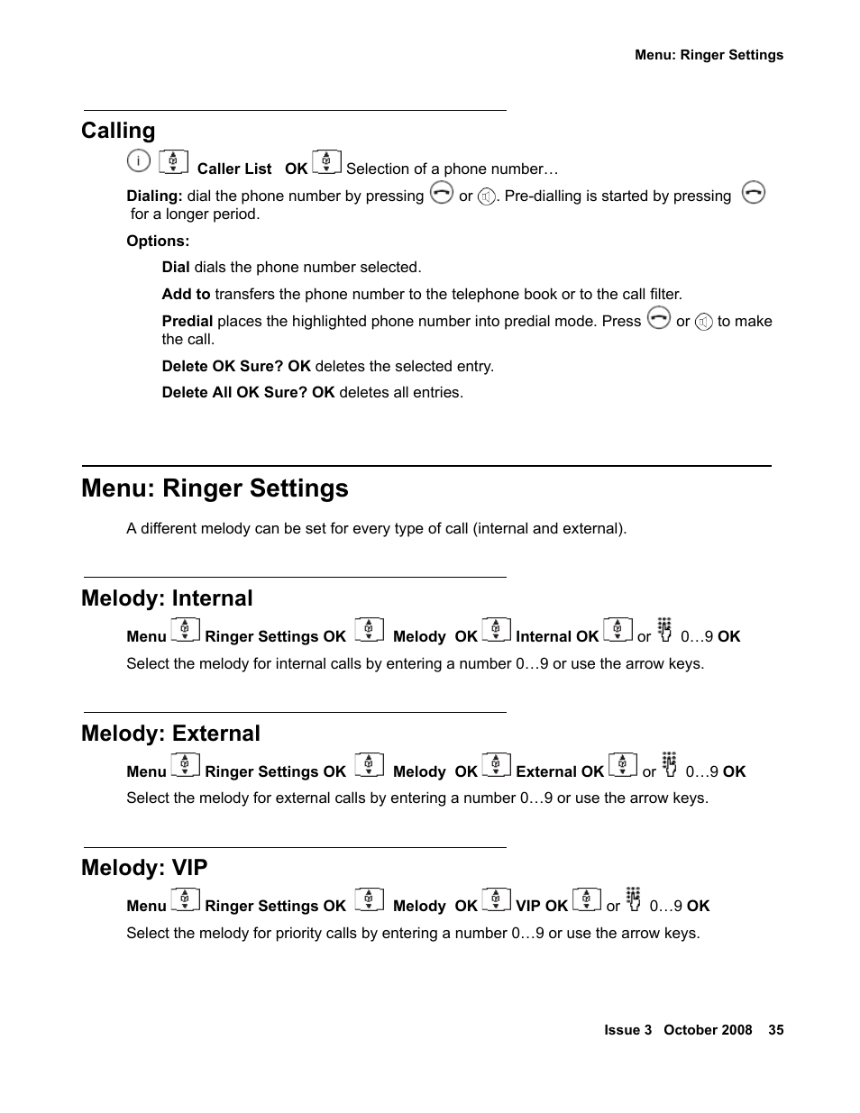 Calling, Menu: ringer settings, Melody: internal | Melody: external, Melody: vip | Avaya 3701 User Manual | Page 35 / 46