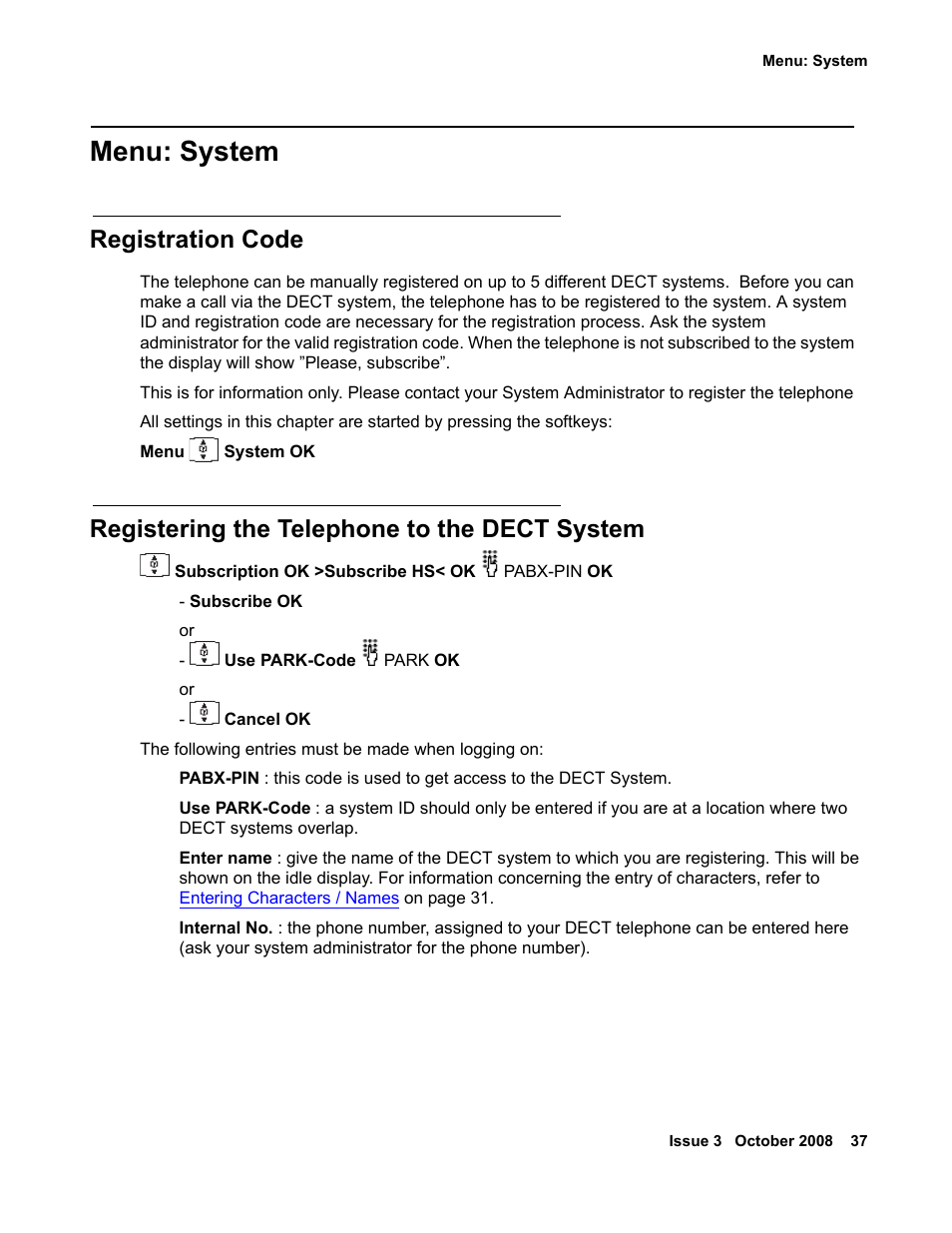 Menu: system, Registration code, Registering the telephone to the dect system | Avaya 3701 User Manual | Page 37 / 46