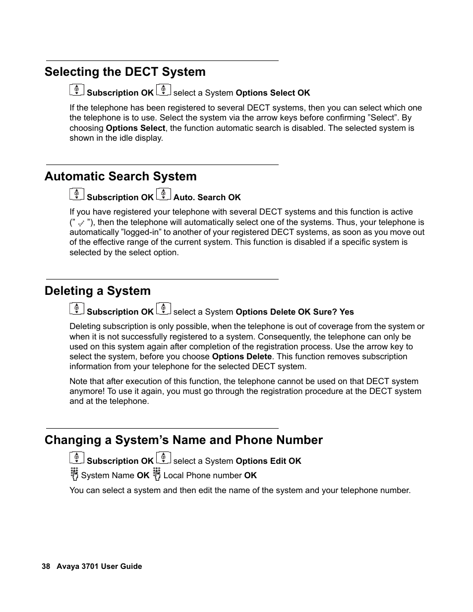 Selecting the dect system, Automatic search system, Deleting a system | Changing a system’s name and phone number | Avaya 3701 User Manual | Page 38 / 46