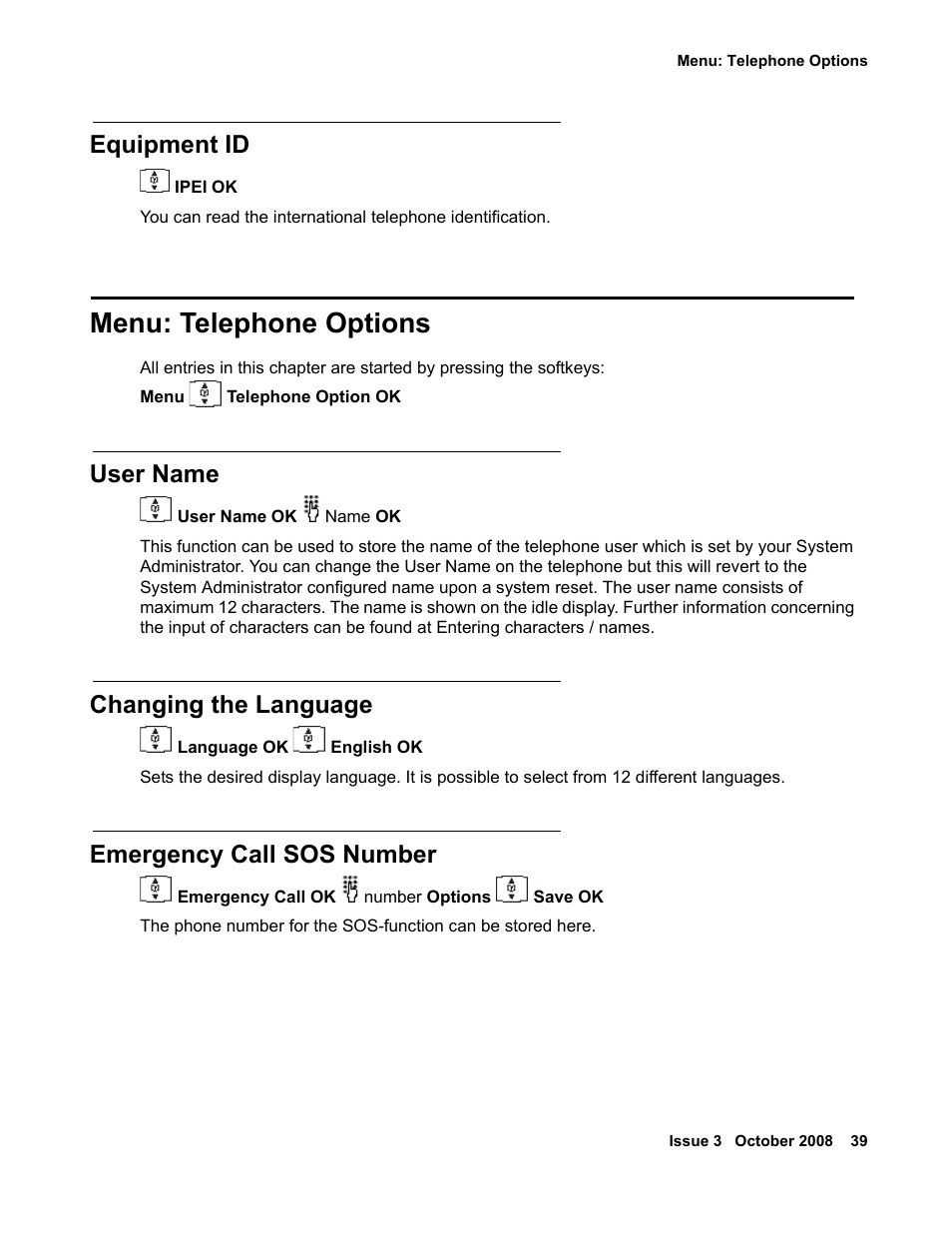 Equipment id, Menu: telephone options, User name | Changing the language, Emergency call sos number | Avaya 3701 User Manual | Page 39 / 46