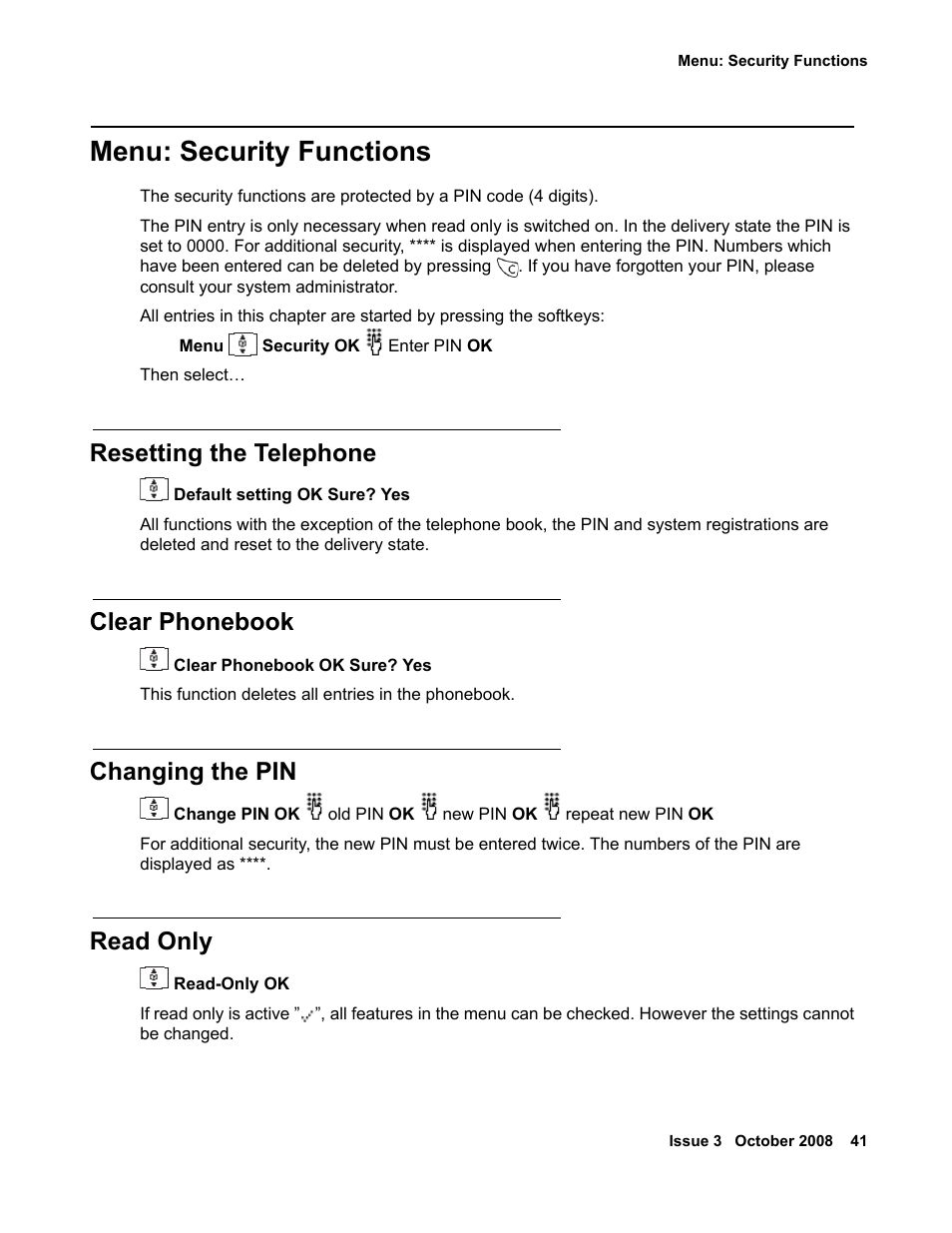 Menu: security functions, Resetting the telephone, Clear phonebook | Changing the pin, Read only | Avaya 3701 User Manual | Page 41 / 46