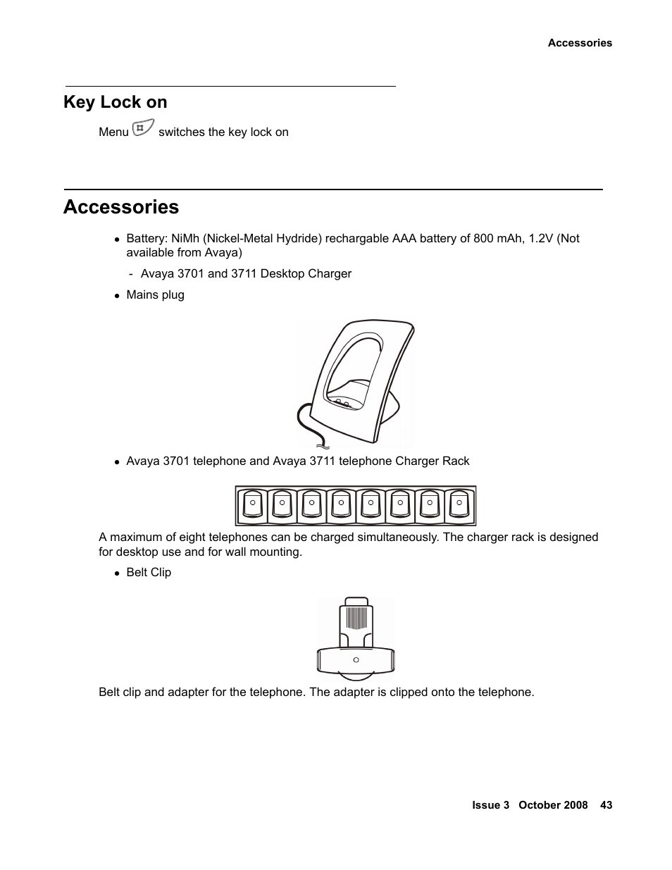 Key lock on, Accessories | Avaya 3701 User Manual | Page 43 / 46