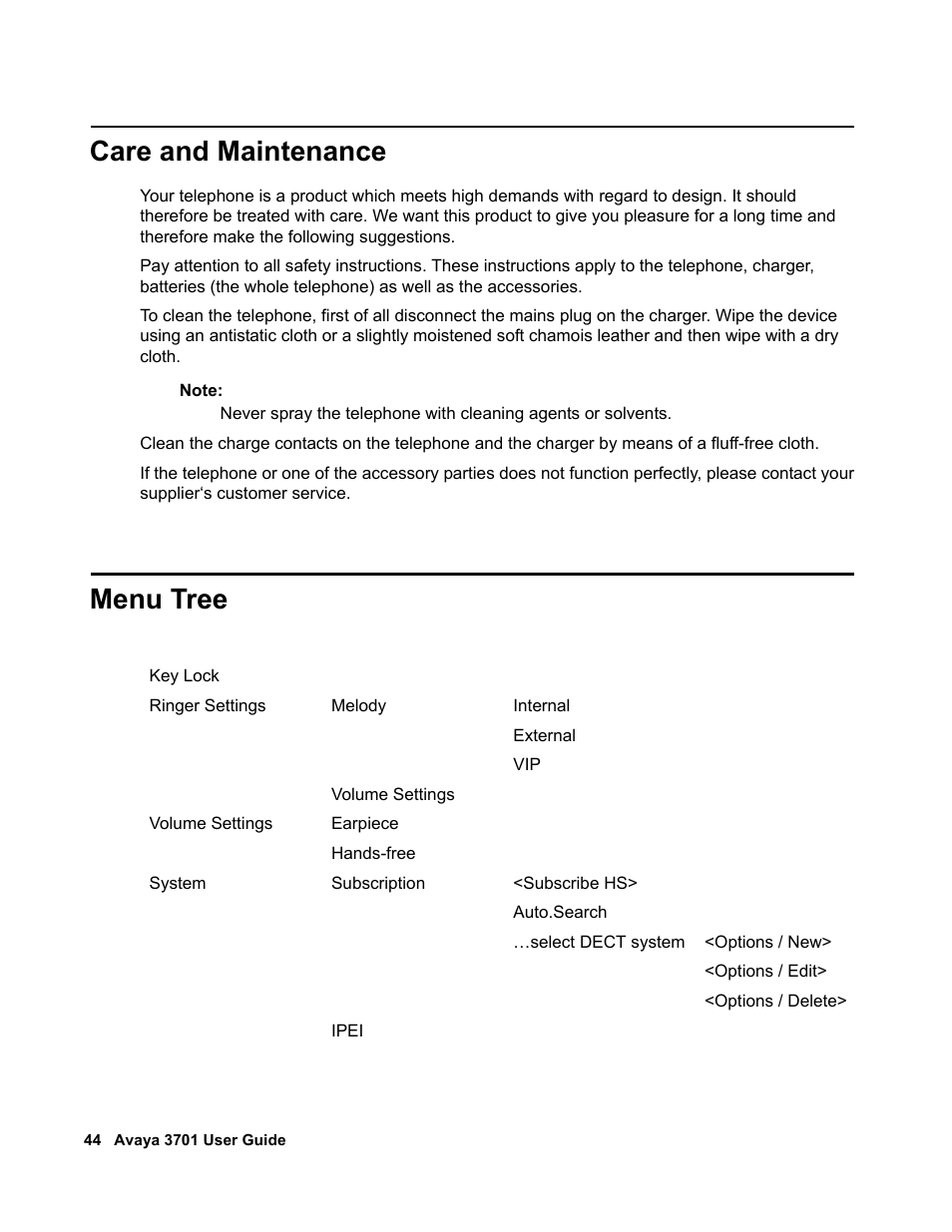 Care and maintenance, Menu tree | Avaya 3701 User Manual | Page 44 / 46
