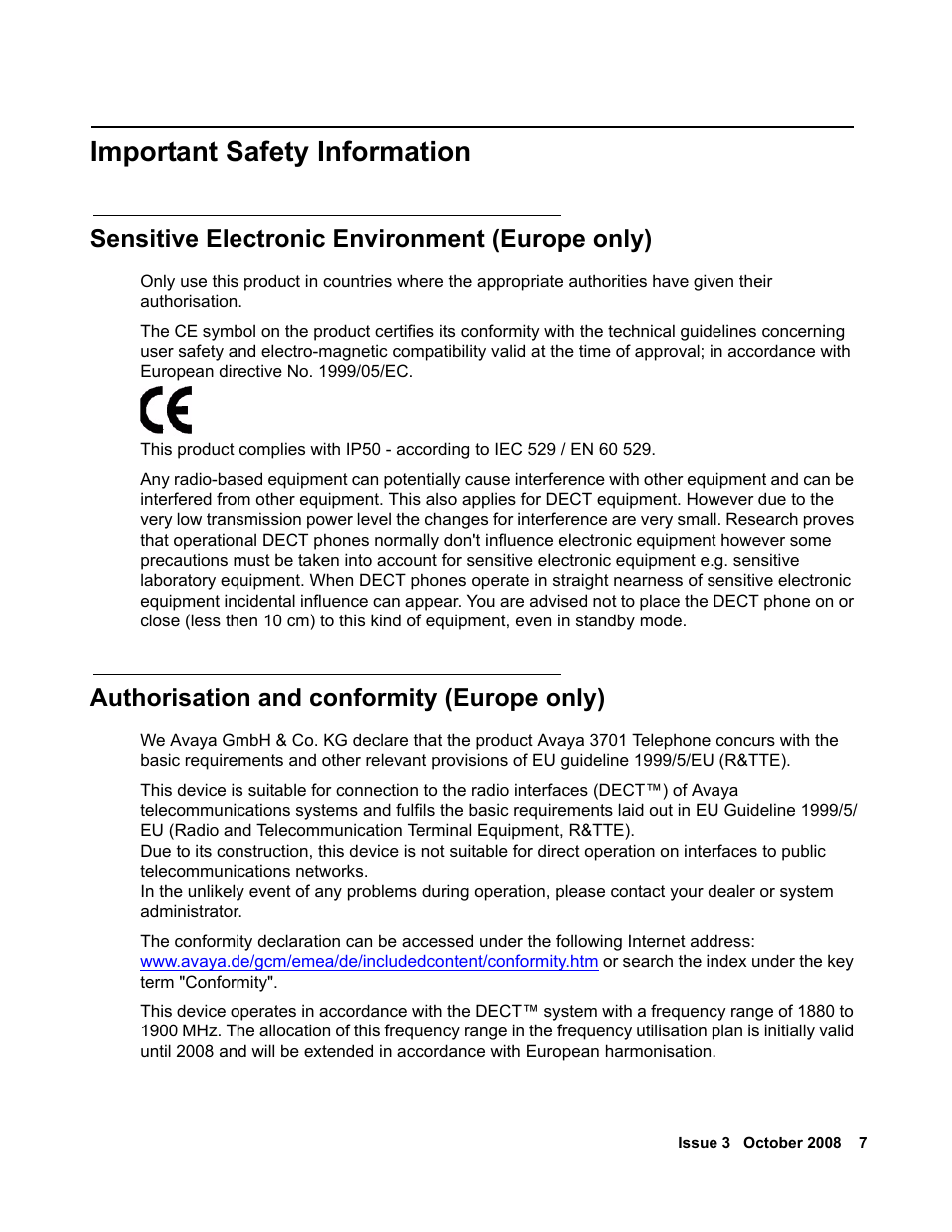 Important safety information, Sensitive electronic environment (europe only), Authorisation and conformity (europe only) | Avaya 3701 User Manual | Page 7 / 46