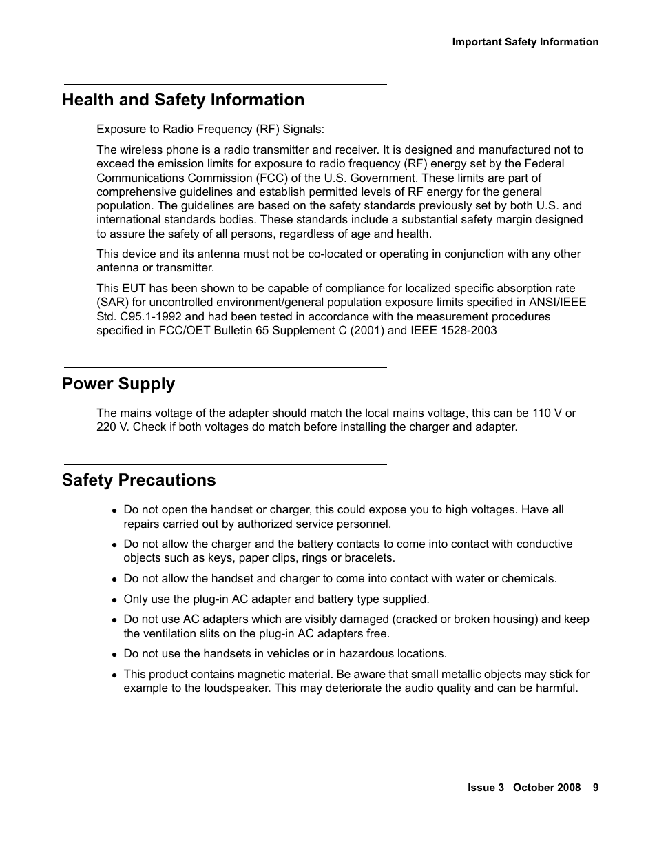 Health and safety information, Power supply, Safety precautions | Avaya 3701 User Manual | Page 9 / 46