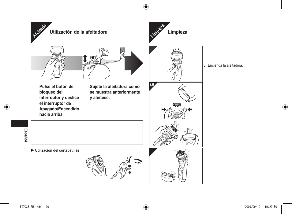 Afeitado, Limpieza | Panasonic ES7036 User Manual | Page 30 / 79