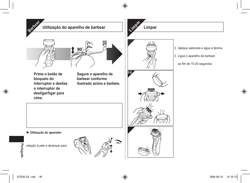 Barbear, Limpar | Panasonic ES7036 User Manual | Page 40 / 79