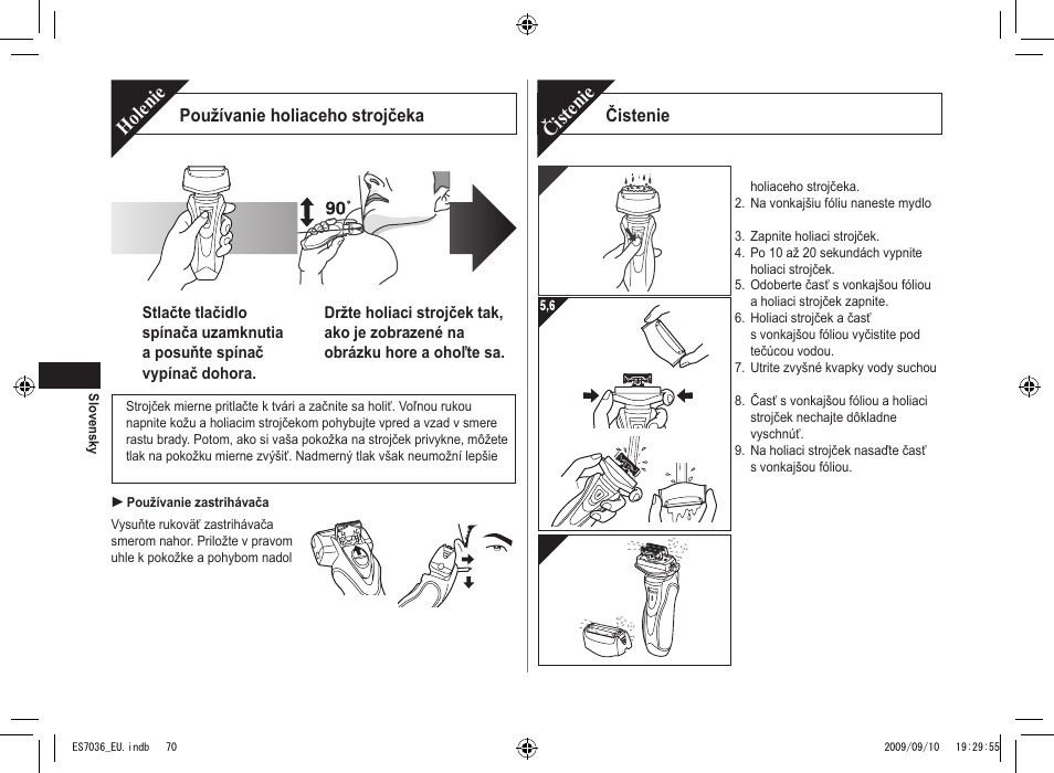 Holenie, Čistenie | Panasonic ES7036 User Manual | Page 70 / 79