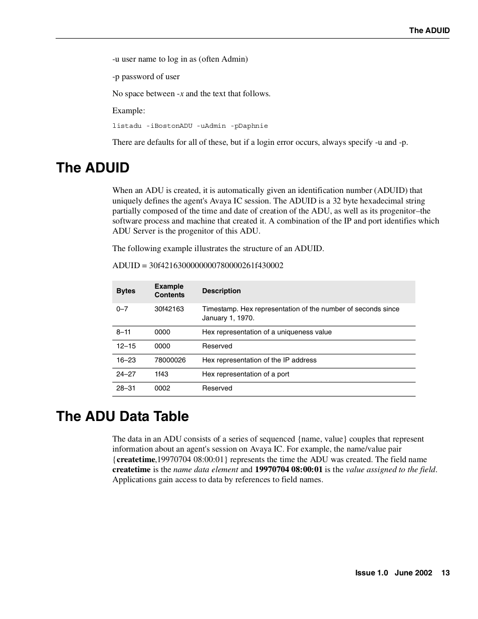 The aduid, The adu data table | Avaya Interaction Center DXX-1015-01 User Manual | Page 13 / 74