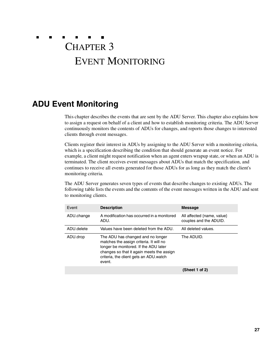 Event monitoring, Adu event monitoring, Vent | Onitoring, Hapter | Avaya Interaction Center DXX-1015-01 User Manual | Page 27 / 74
