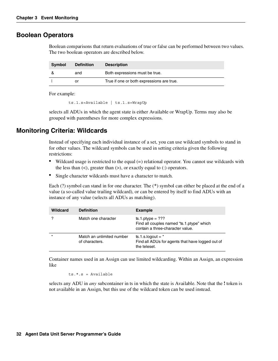 Boolean operators, Monitoring criteria: wildcards | Avaya Interaction Center DXX-1015-01 User Manual | Page 32 / 74