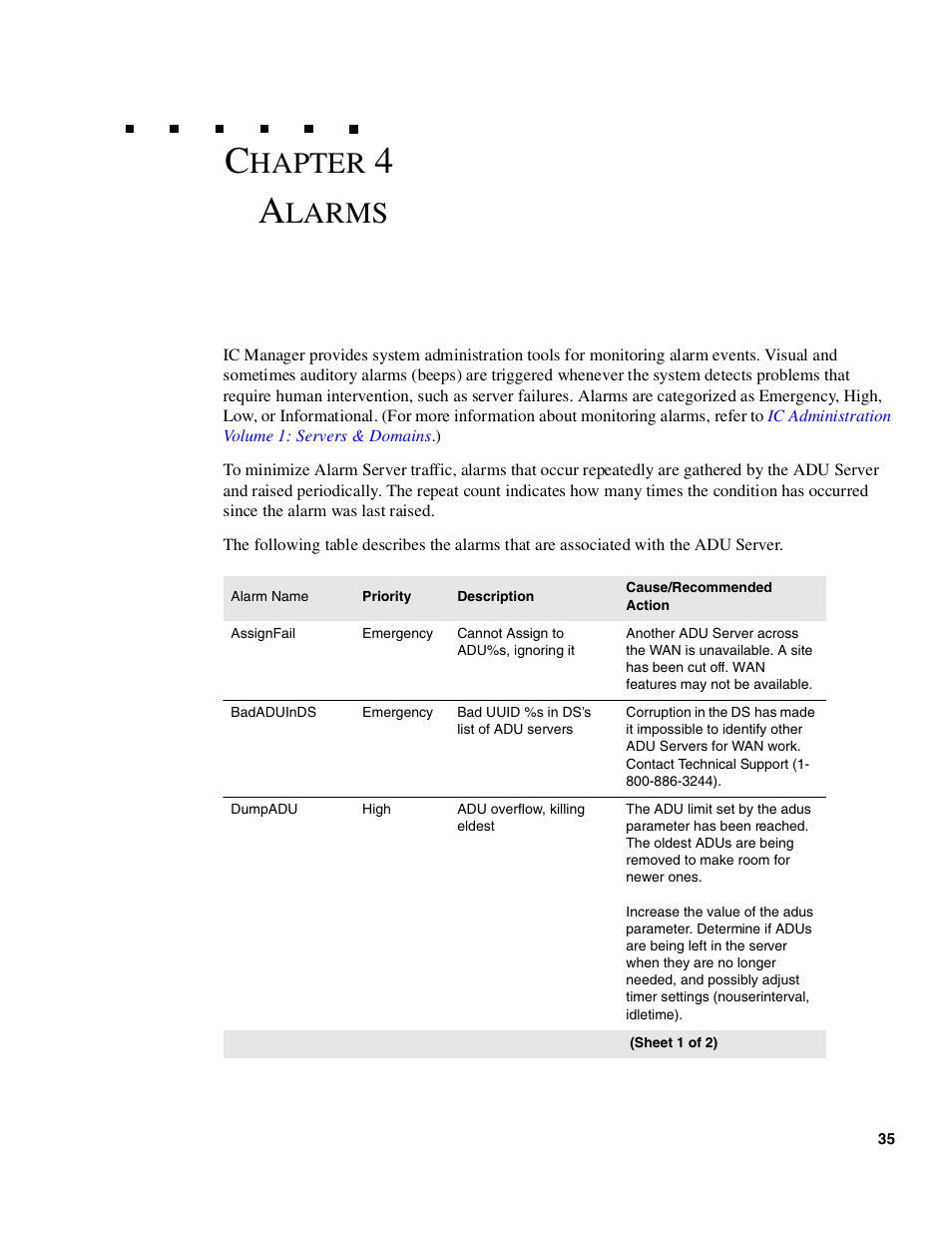 Alarms, Larms, Hapter | Avaya Interaction Center DXX-1015-01 User Manual | Page 35 / 74