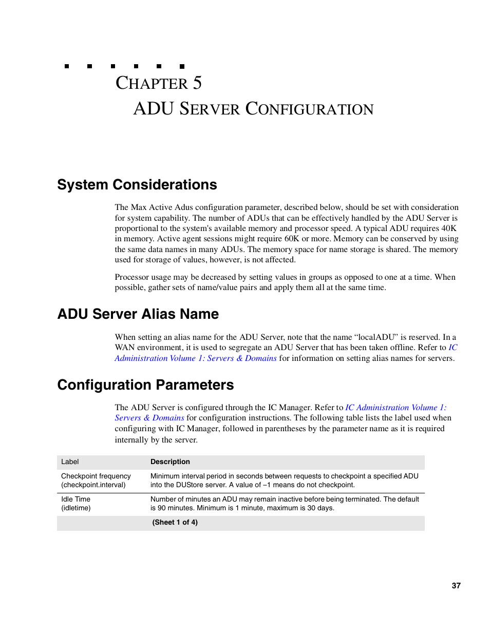 Adu server configuration, System considerations, Adu server alias name | Configuration parameters, Adu s, Erver, Onfiguration, 5adu s, Hapter | Avaya Interaction Center DXX-1015-01 User Manual | Page 37 / 74