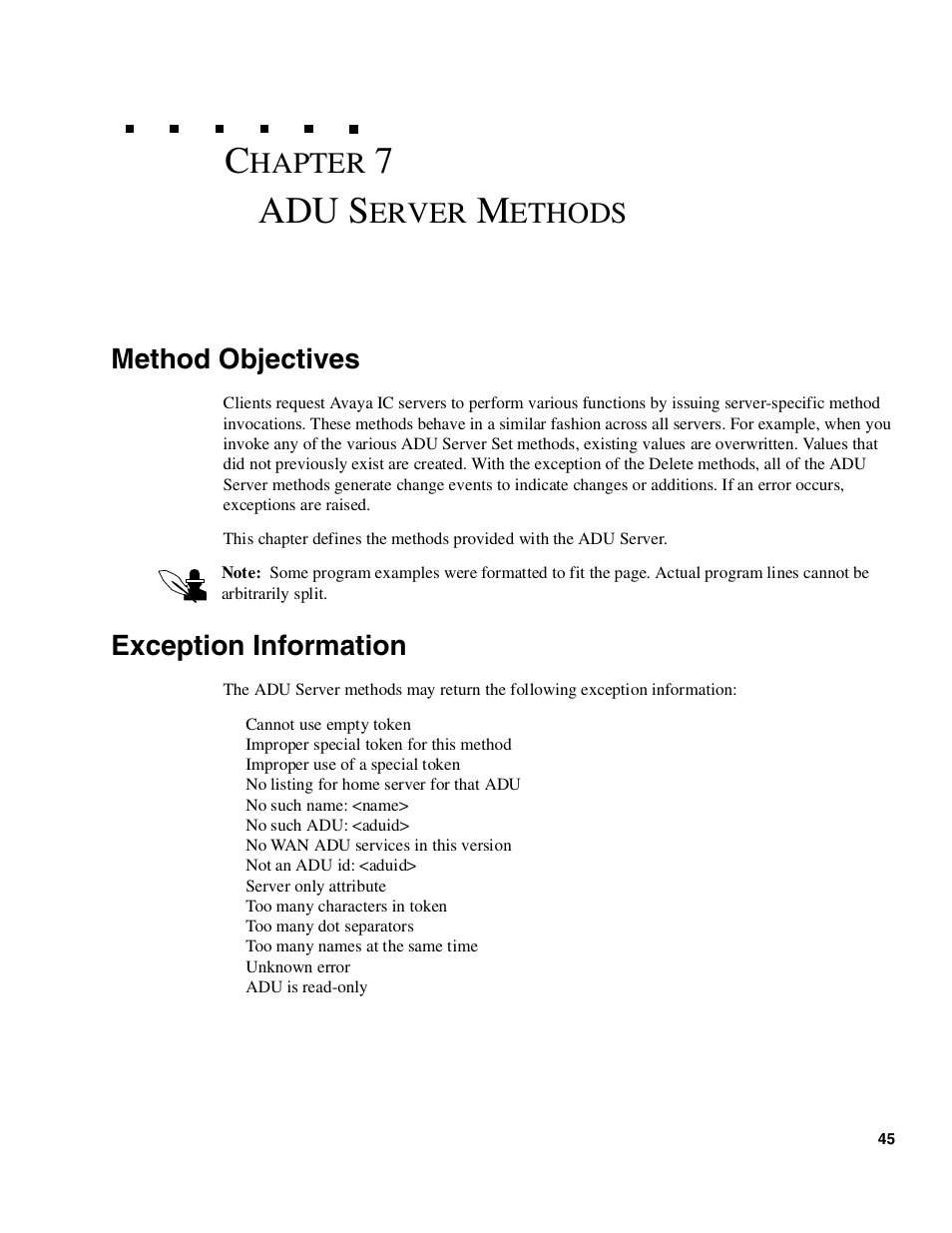 Adu server methods, Method objectives, Exception information | Adu s, Erver, Ethods, 7adu s | Avaya Interaction Center DXX-1015-01 User Manual | Page 45 / 74