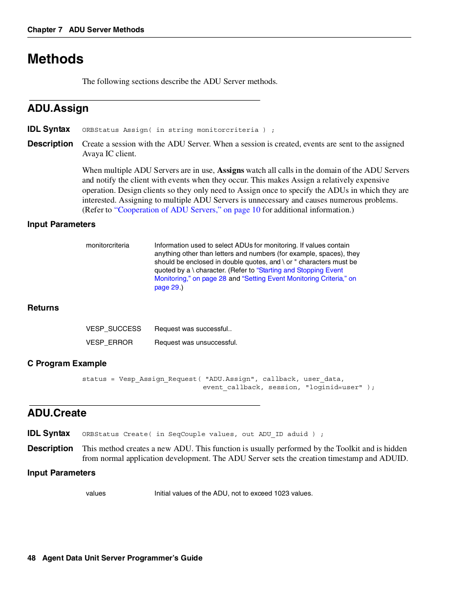 Methods, Adu.assign, Adu.create | Avaya Interaction Center DXX-1015-01 User Manual | Page 48 / 74