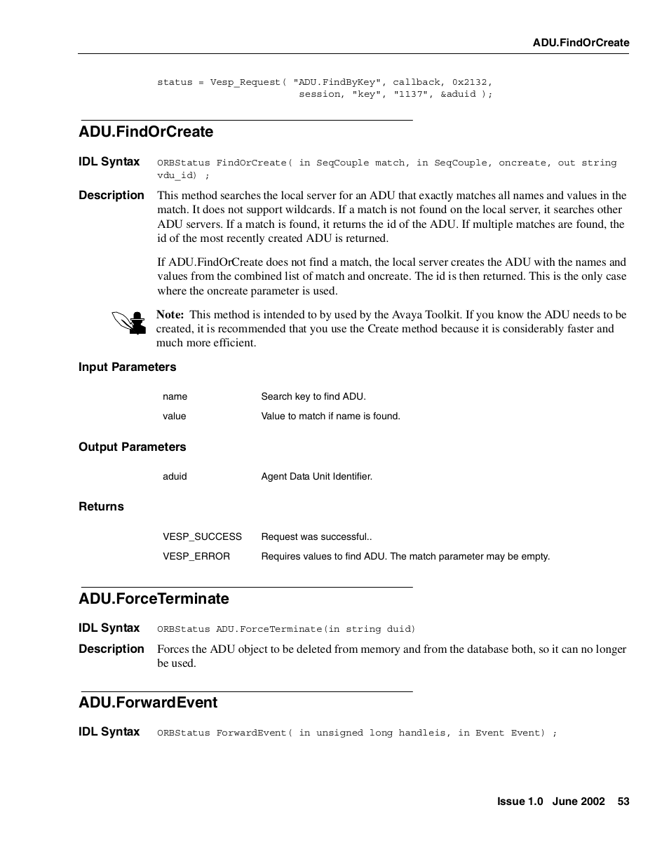 Adu.findorcreate, Adu.forceterminate, Adu.forwardevent | Avaya Interaction Center DXX-1015-01 User Manual | Page 53 / 74