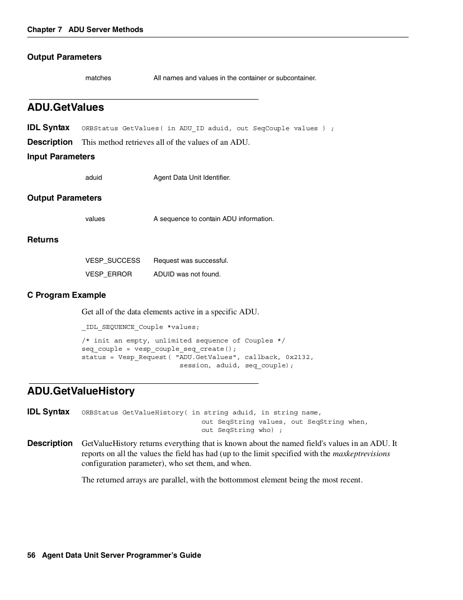 Adu.getvalues, Adu.getvaluehistory | Avaya Interaction Center DXX-1015-01 User Manual | Page 56 / 74