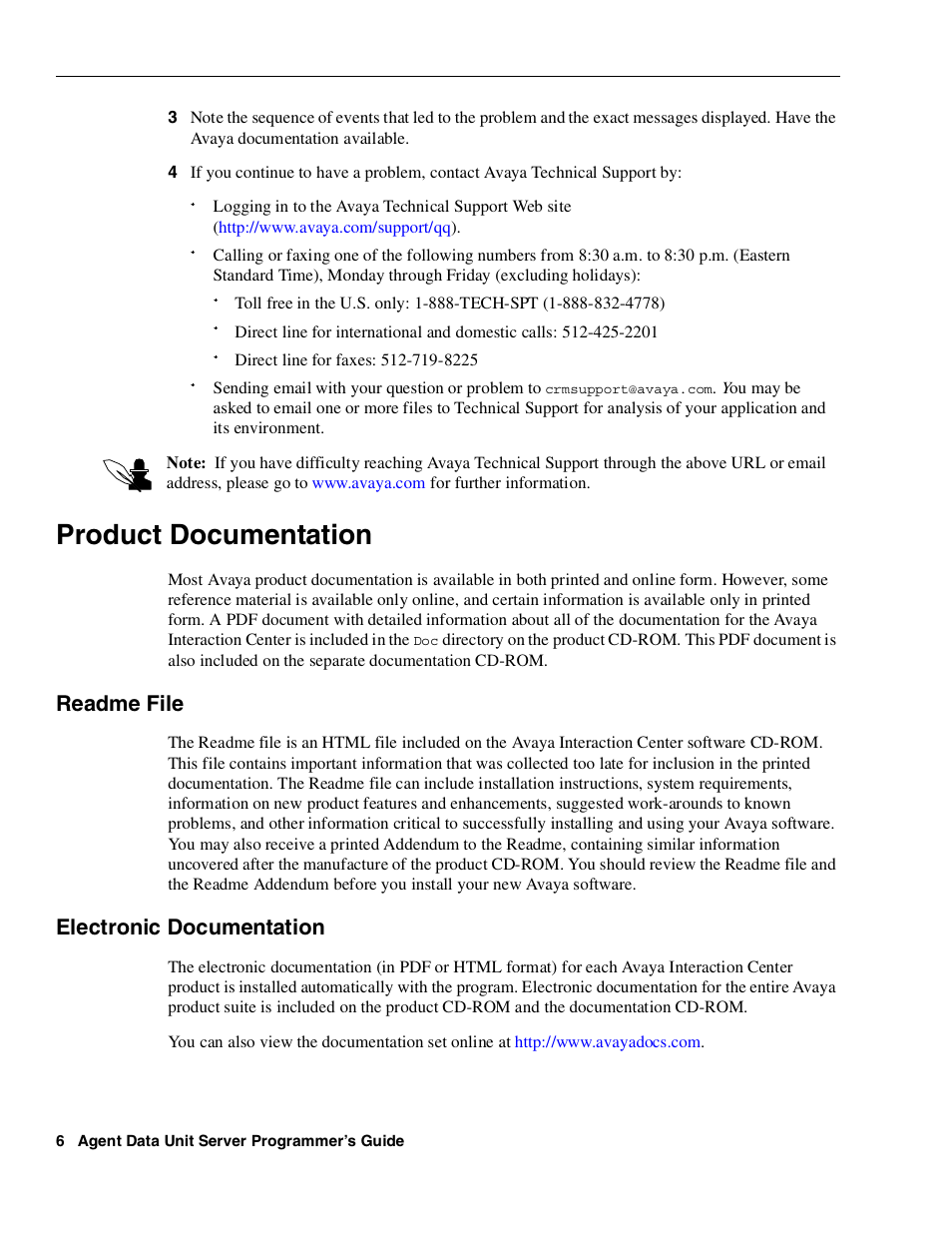 Product documentation, Readme file, Electronic documentation | Avaya Interaction Center DXX-1015-01 User Manual | Page 6 / 74