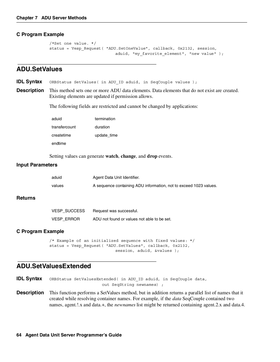 Adu.setvalues, Adu.setvaluesextended | Avaya Interaction Center DXX-1015-01 User Manual | Page 64 / 74