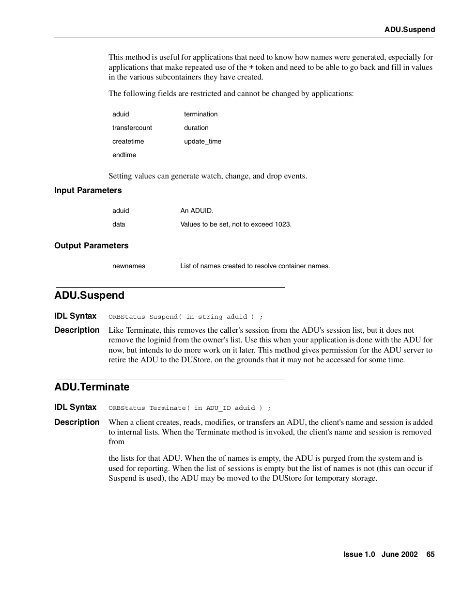 Adu.suspend, Adu.terminate | Avaya Interaction Center DXX-1015-01 User Manual | Page 65 / 74