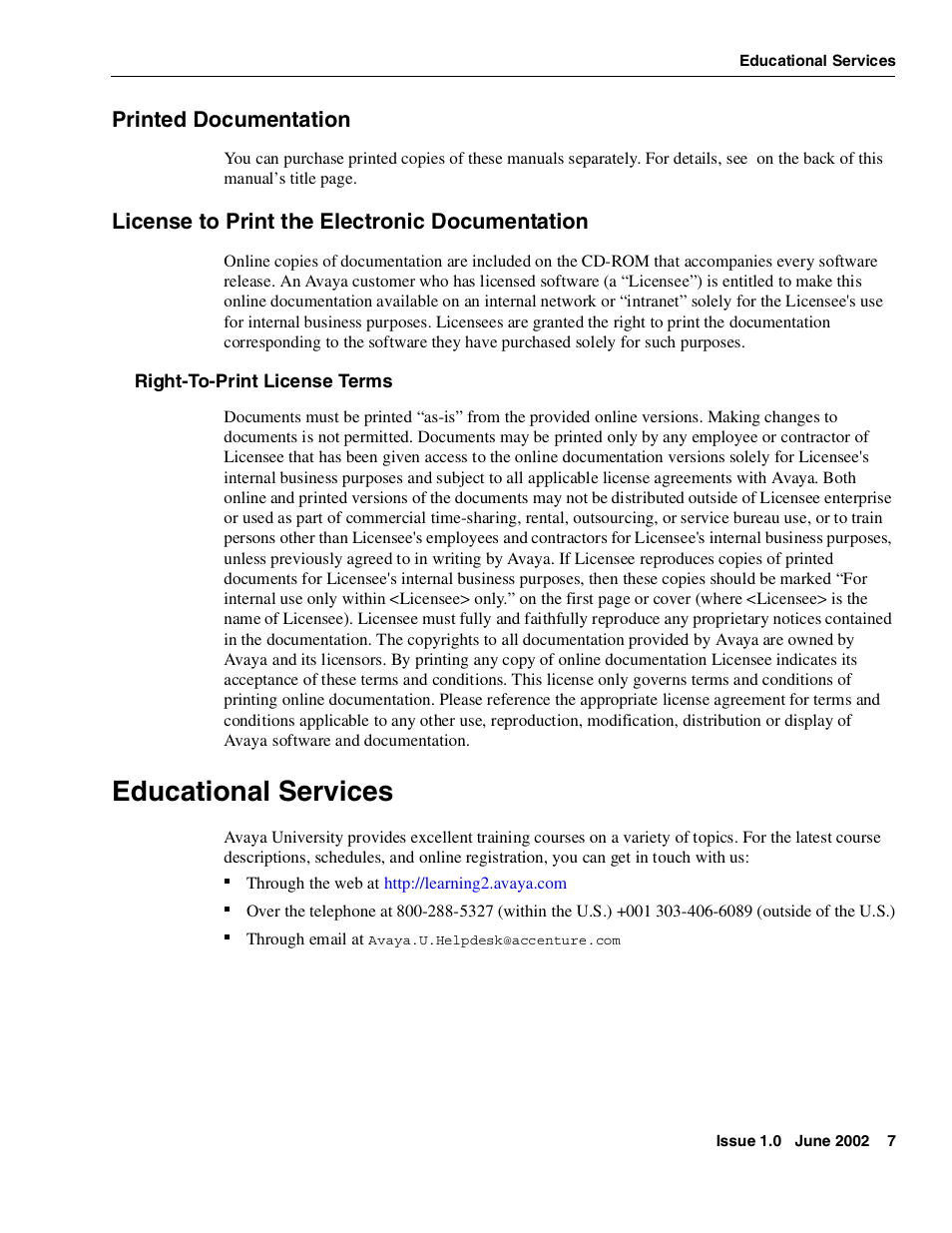 Educational services | Avaya Interaction Center DXX-1015-01 User Manual | Page 7 / 74