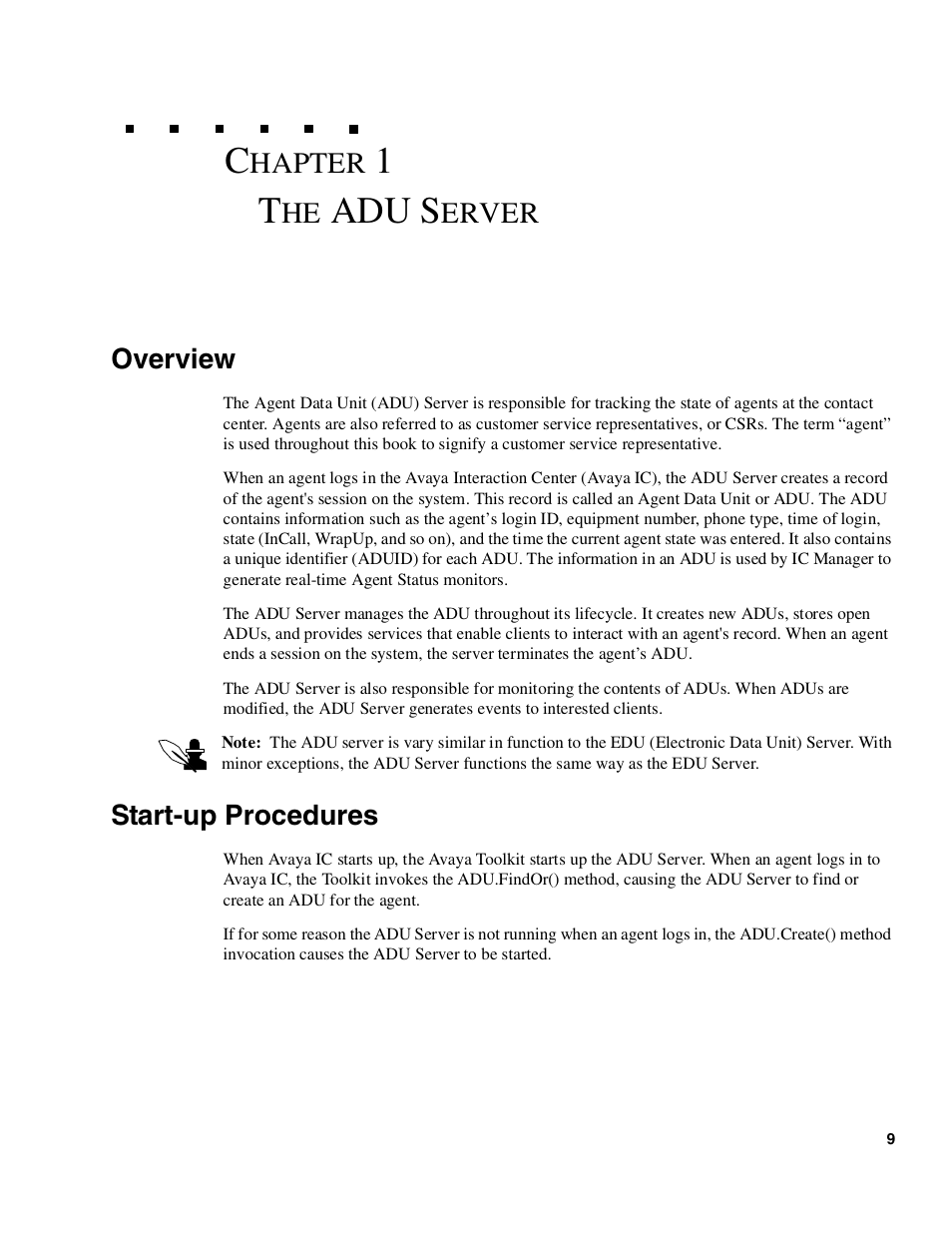 The adu server, Overview, Start-up procedures | Adu s, Erver, Hapter | Avaya Interaction Center DXX-1015-01 User Manual | Page 9 / 74