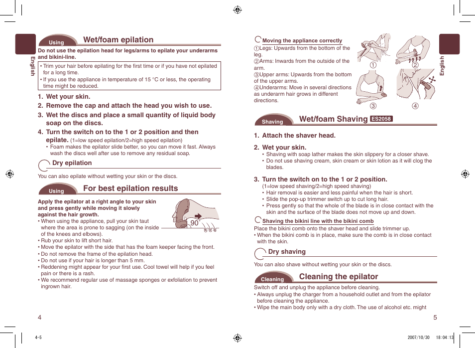 Wet/foam epilation, For best epilation results, Wet/foam shaving | Cleaning the epilator | Panasonic ES2058 User Manual | Page 3 / 16