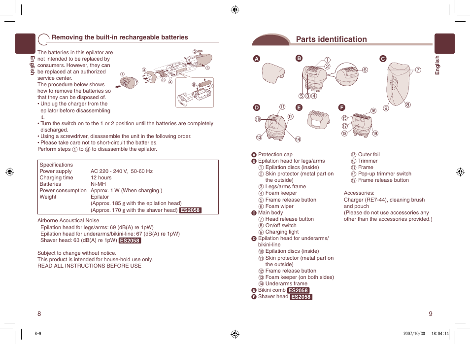 Parts identifi cation | Panasonic ES2058 User Manual | Page 5 / 16