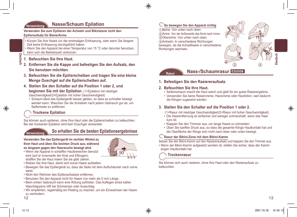 Nasse/schaum epilation, So erhalten sie die besten epilationsergebnisse, Nass-/schaumrasur | Panasonic ES2058 User Manual | Page 7 / 16