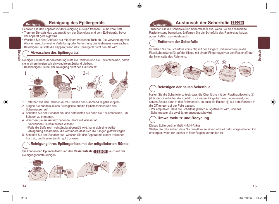 Reinigung des epiliergeräts, Austausch der scherfolie | Panasonic ES2058 User Manual | Page 8 / 16