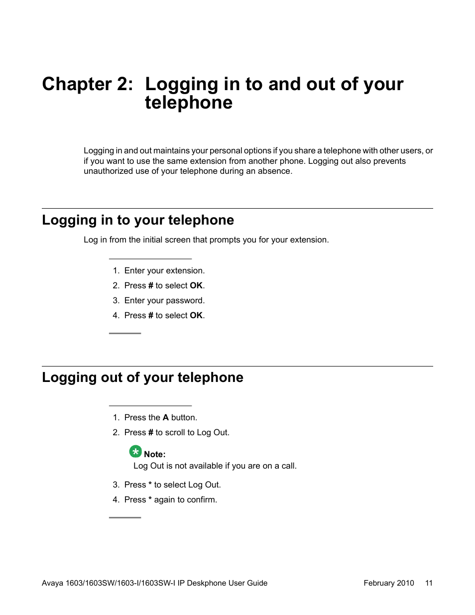 Chapter 2: logging in to and out of your telephone, Logging in to your telephone, Logging out of your telephone | Avaya one-X 1603SW User Manual | Page 11 / 32